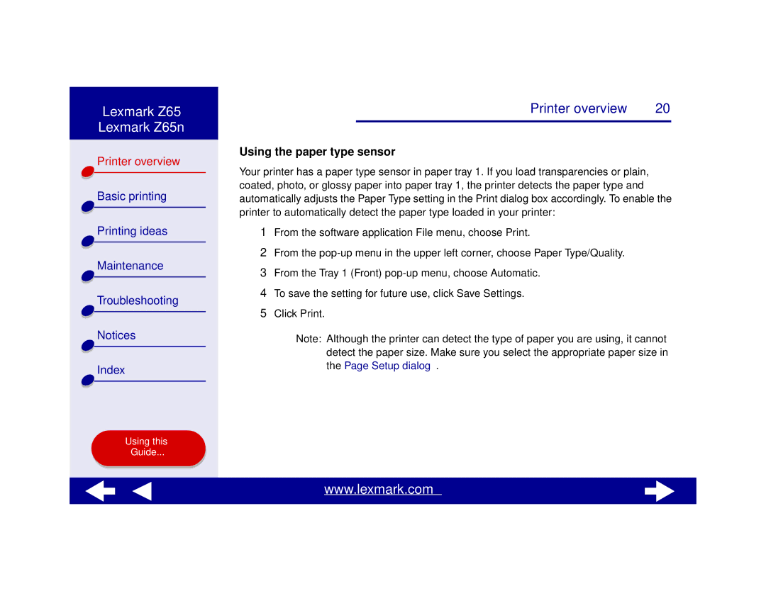 Lexmark Z65n manual Using the paper type sensor 