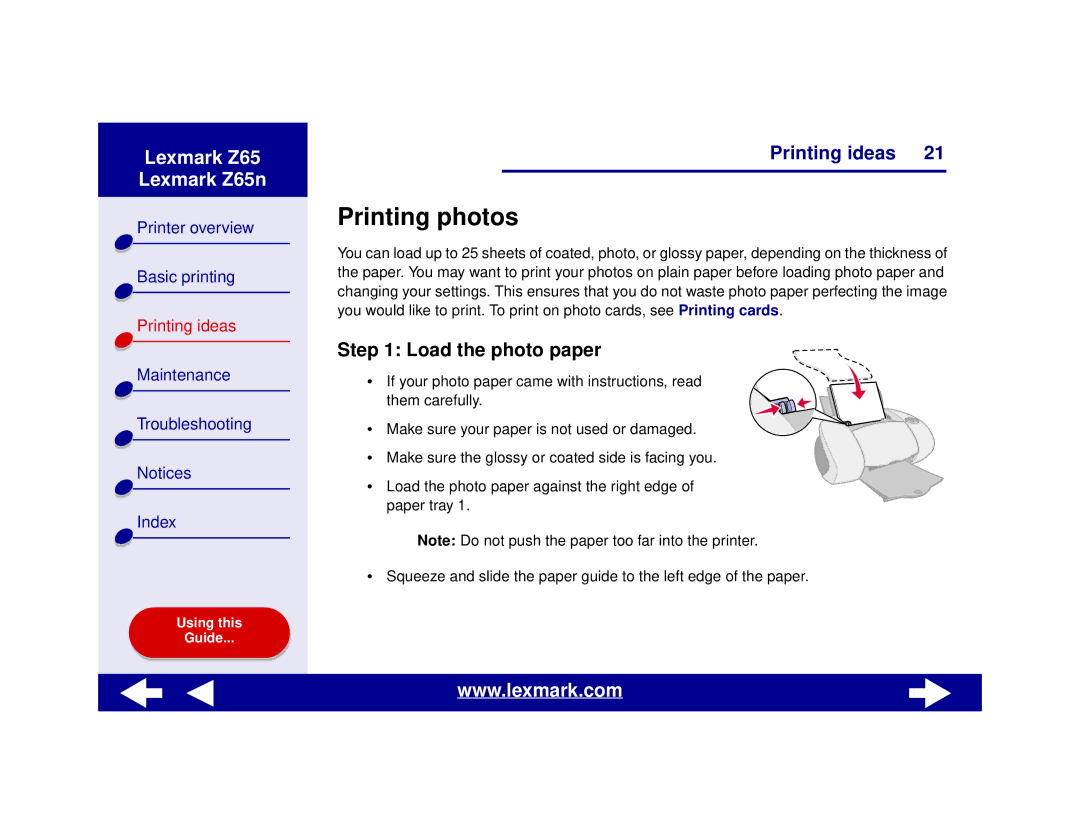 Lexmark Z65n manual Printing photos, Load the photo paper 