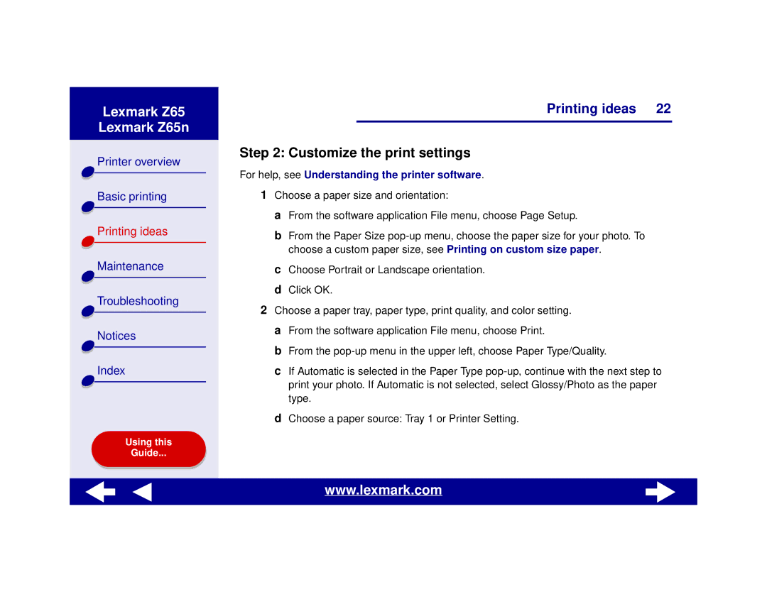 Lexmark Z65n manual Customize the print settings, For help, see Understanding the printer software 