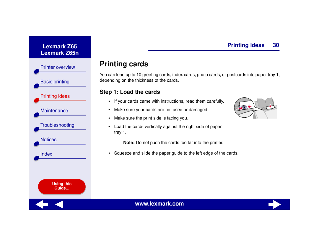 Lexmark Z65n manual Printing cards, Load the cards 