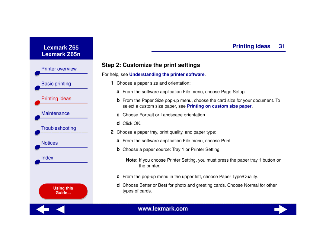 Lexmark Z65n manual Customize the print settings 