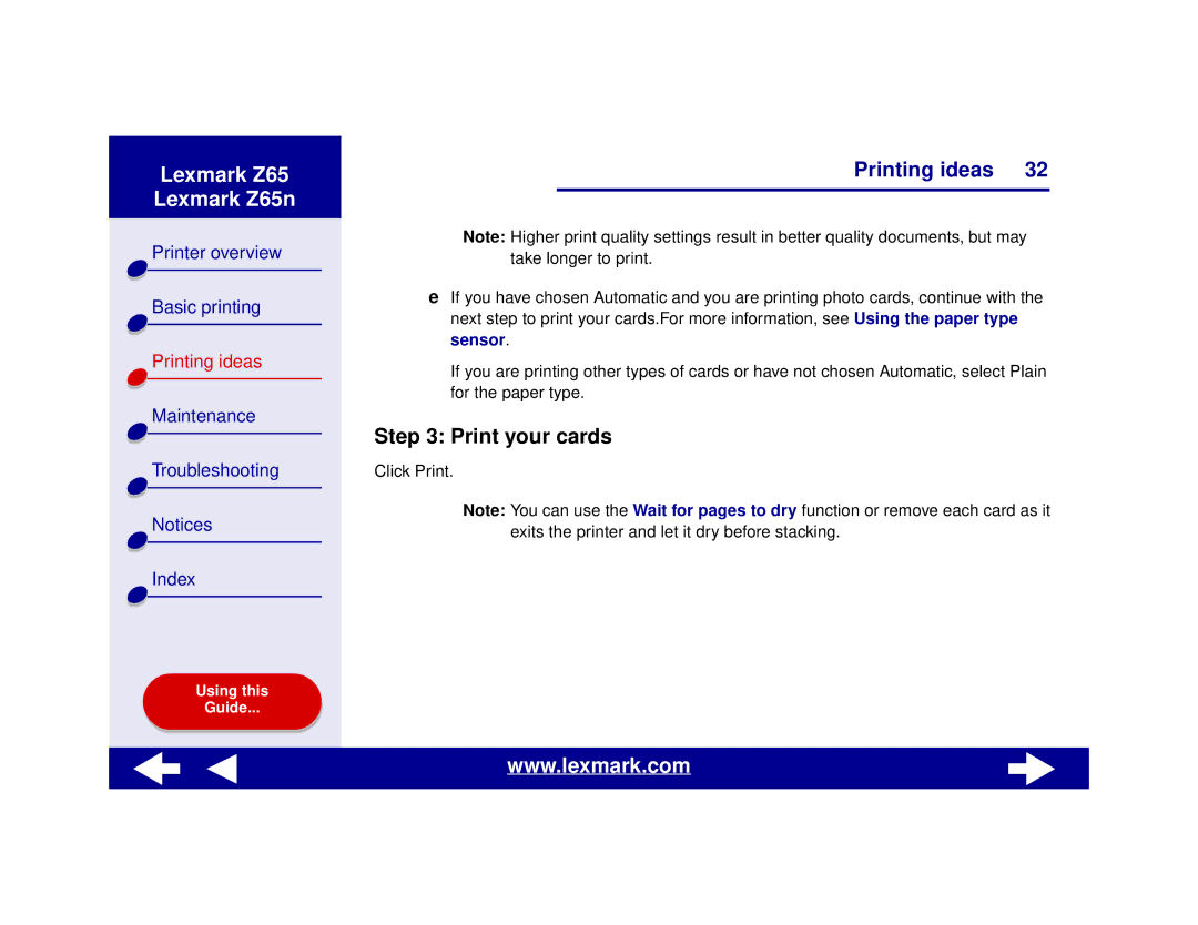 Lexmark Z65n manual Print your cards 