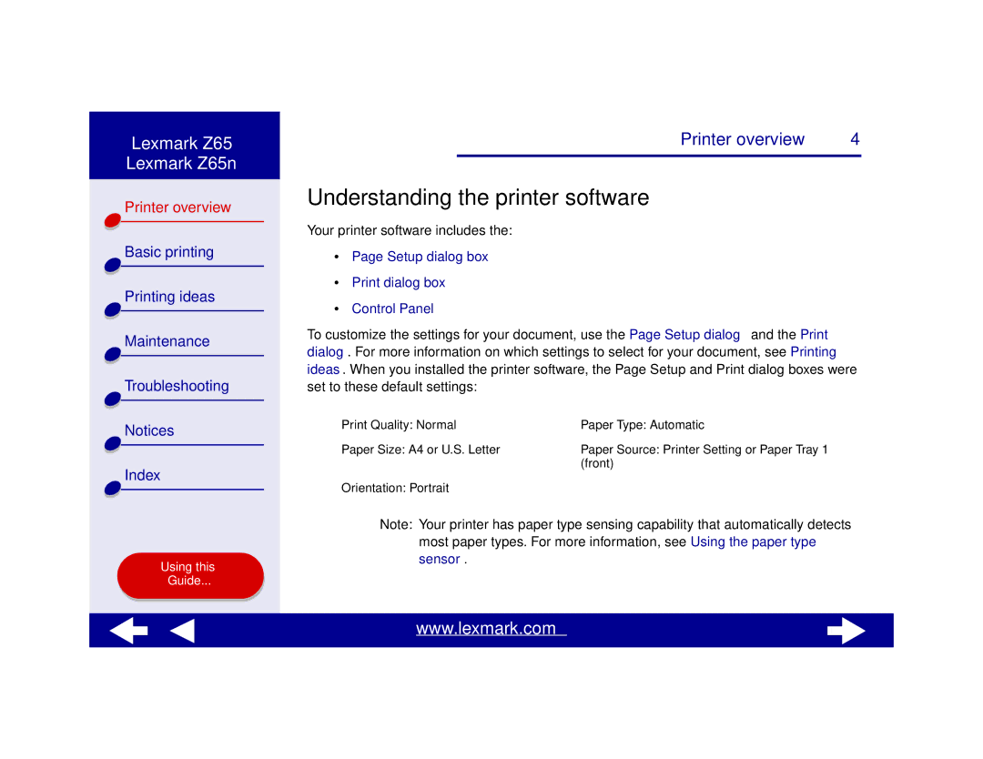 Lexmark Z65n manual Understanding the printer software, Setup dialog box Print dialog box Control Panel 