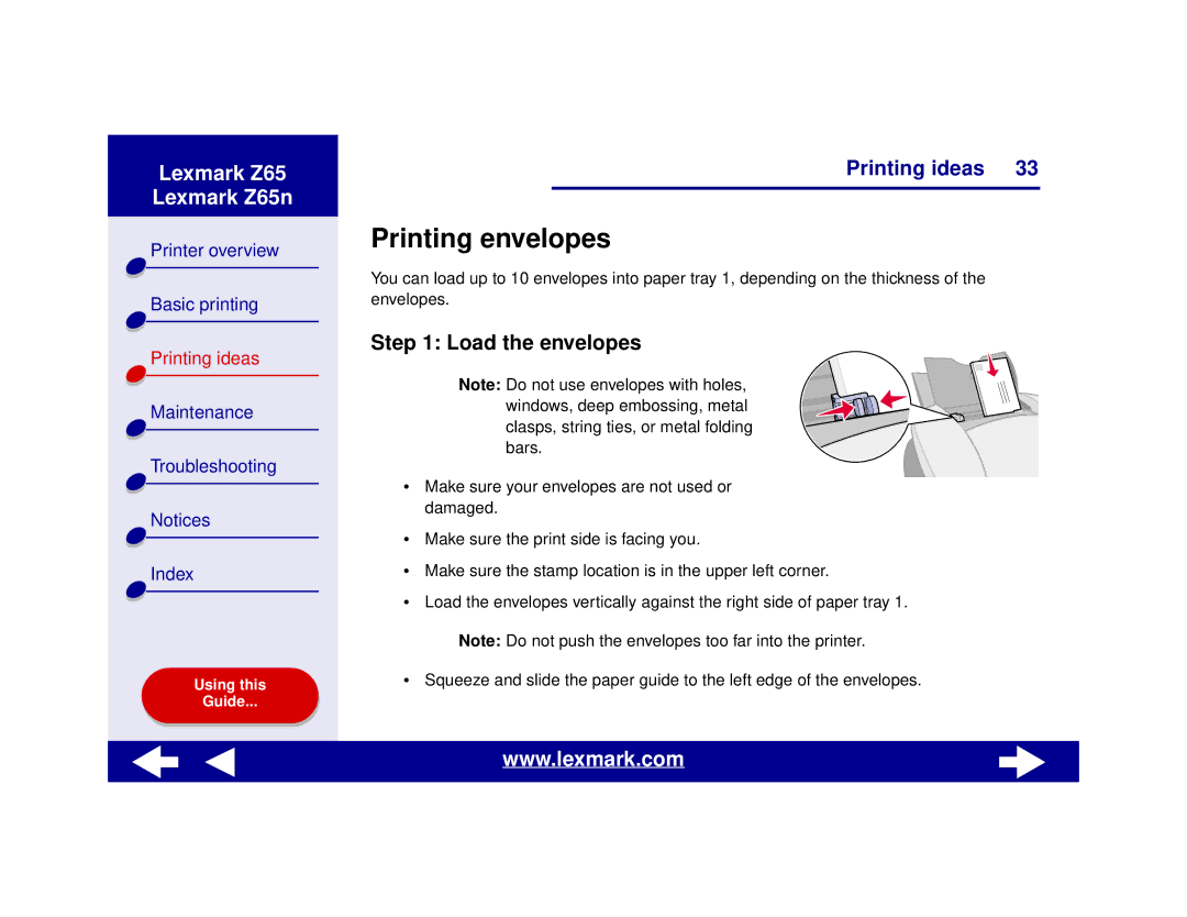 Lexmark Z65n manual Printing envelopes, Load the envelopes 