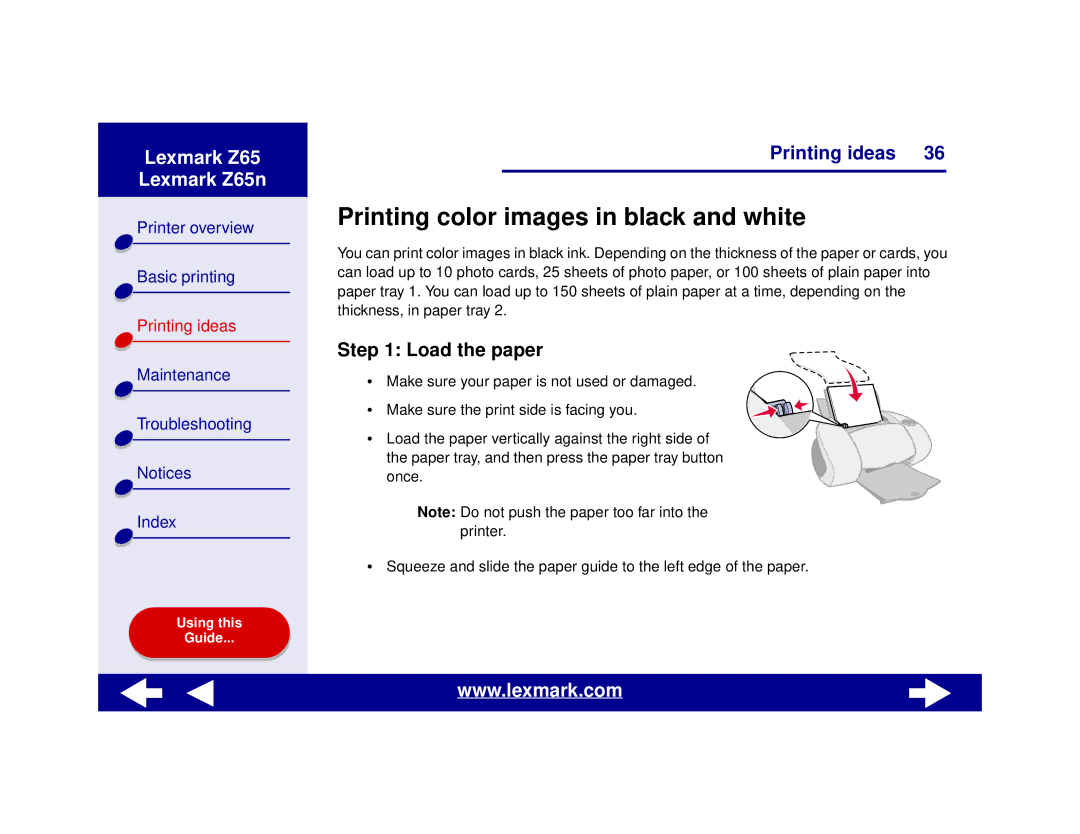 Lexmark Z65n manual Printing color images in black and white, Load the paper 