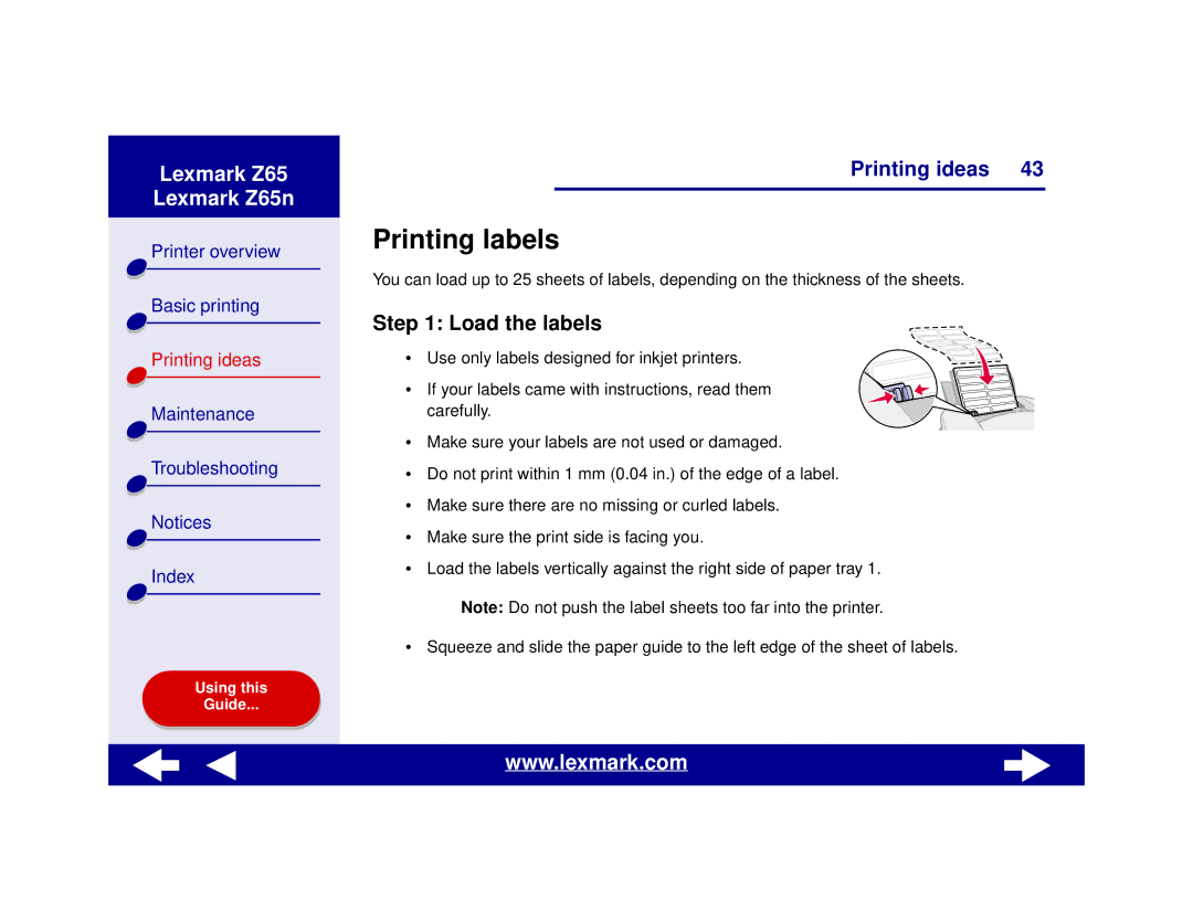 Lexmark Z65n manual Printing labels, Load the labels 