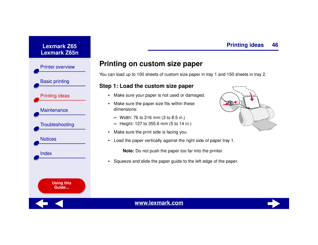 Lexmark Z65n manual Printing on custom size paper, Load the custom size paper 