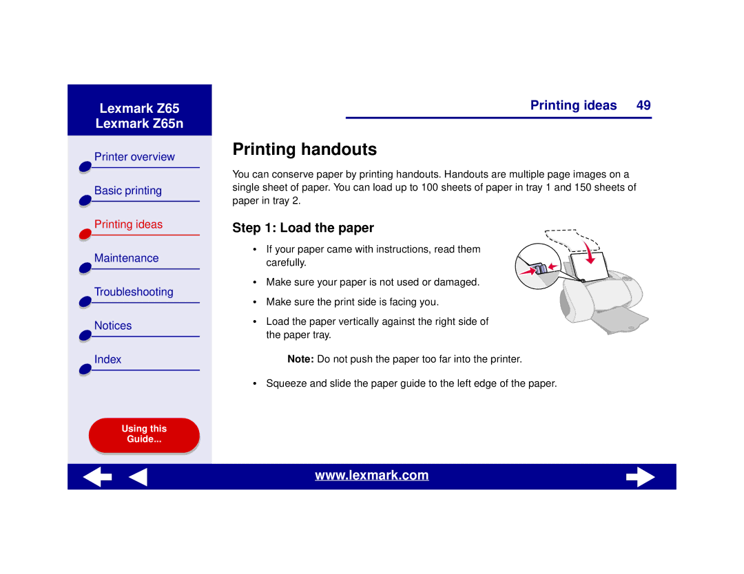 Lexmark Z65n manual Printing handouts, Load the paper 