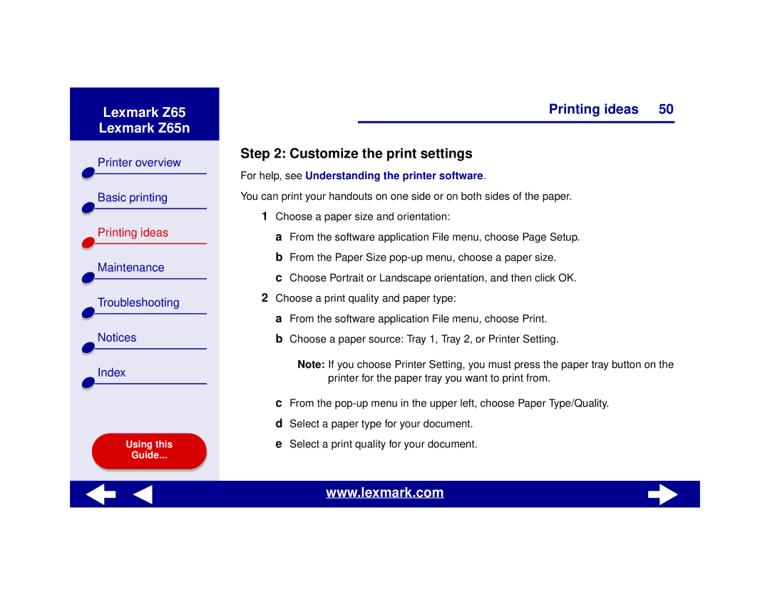 Lexmark Z65n manual Customize the print settings 