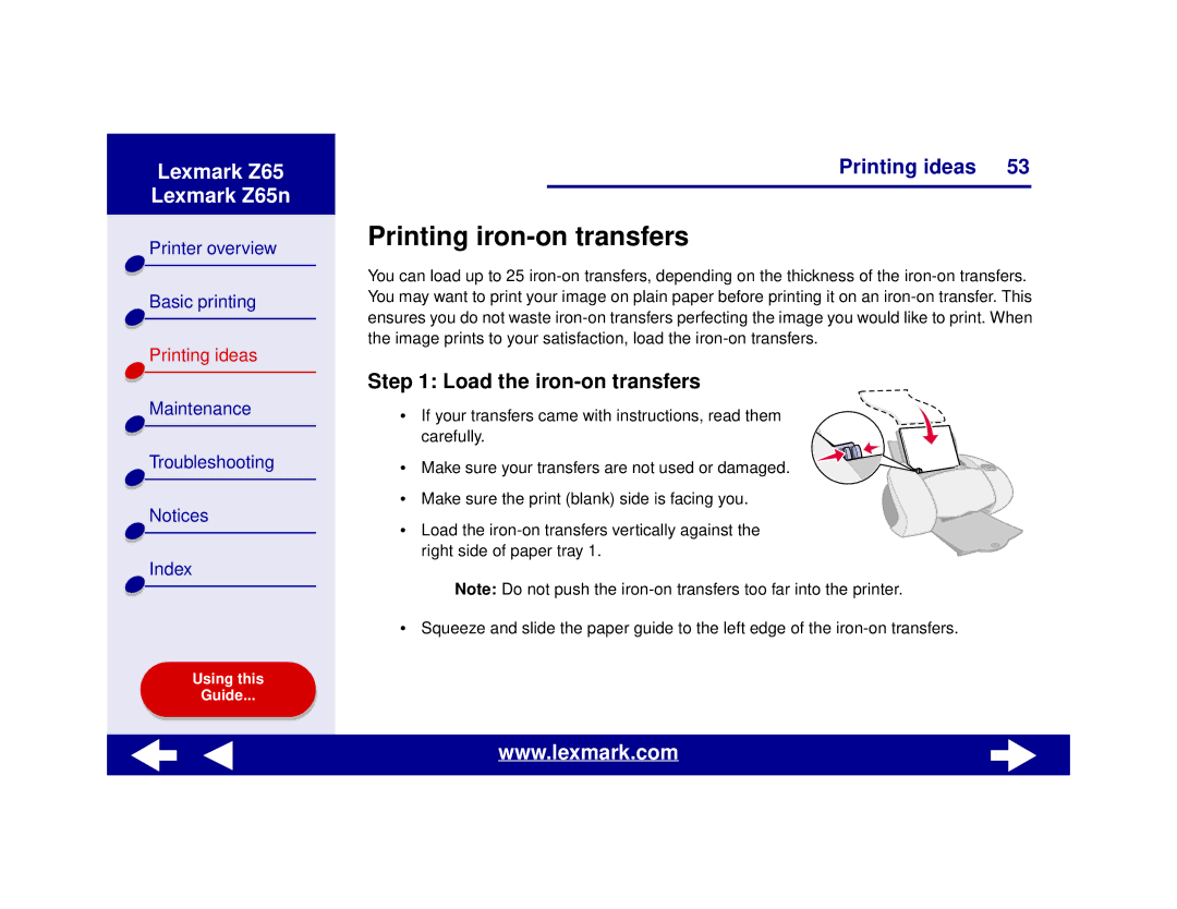 Lexmark Z65n manual Printing iron-on transfers, Load the iron-on transfers 