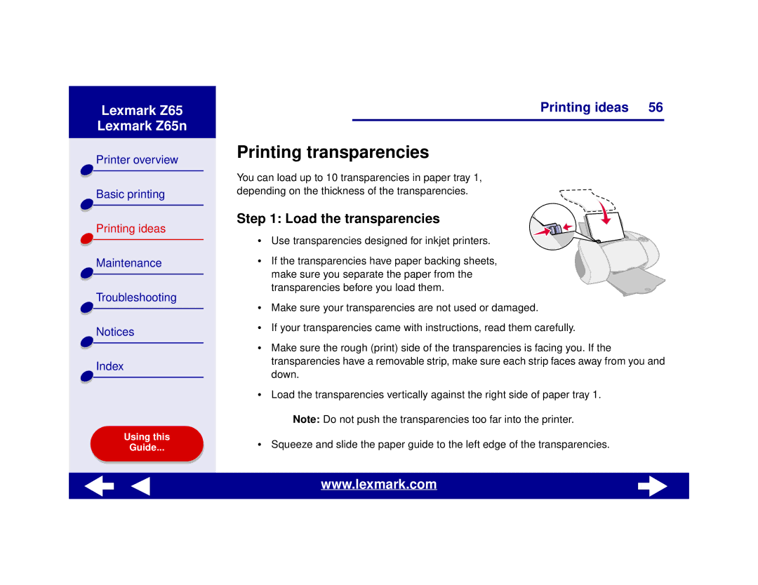 Lexmark Z65n manual Printing transparencies, Load the transparencies 