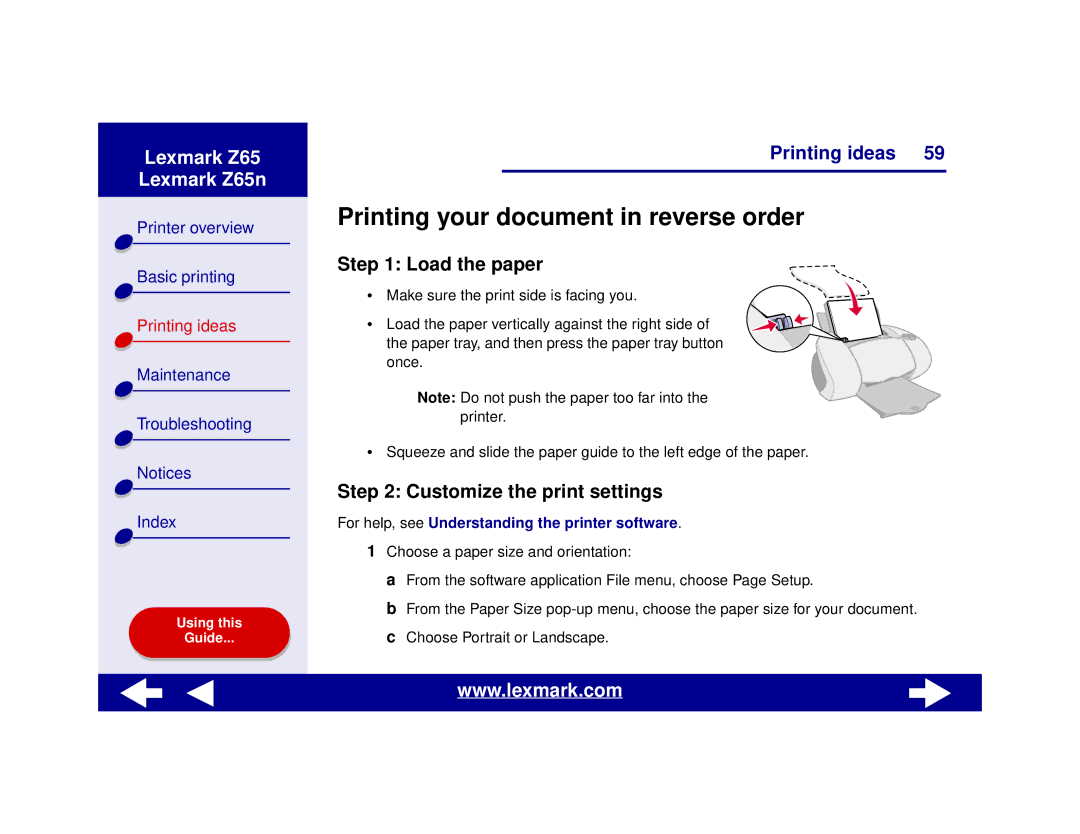 Lexmark Z65n manual Printing your document in reverse order, Load the paper 