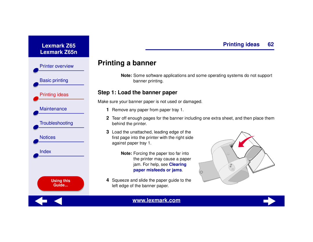 Lexmark Z65n manual Printing a banner, Load the banner paper 