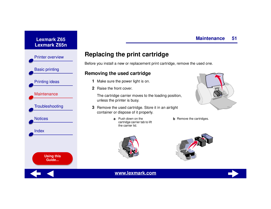 Lexmark Z65n manual Replacing the print cartridge, Removing the used cartridge 