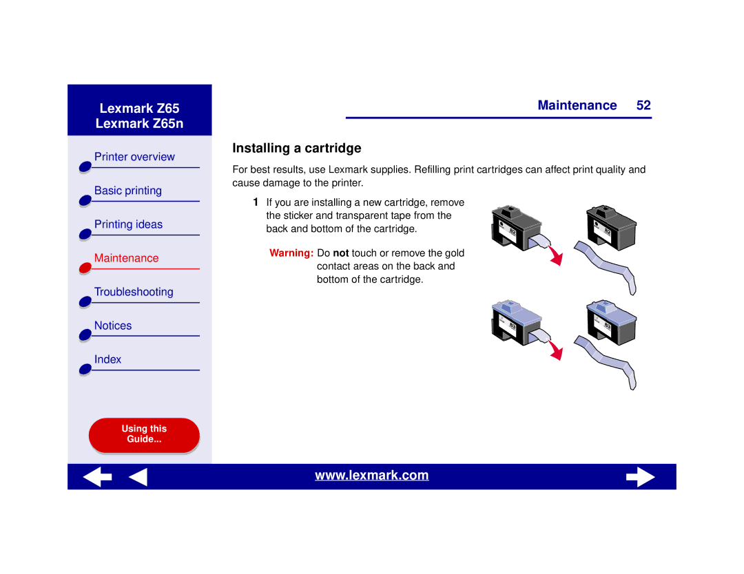 Lexmark Z65n manual Installing a cartridge 