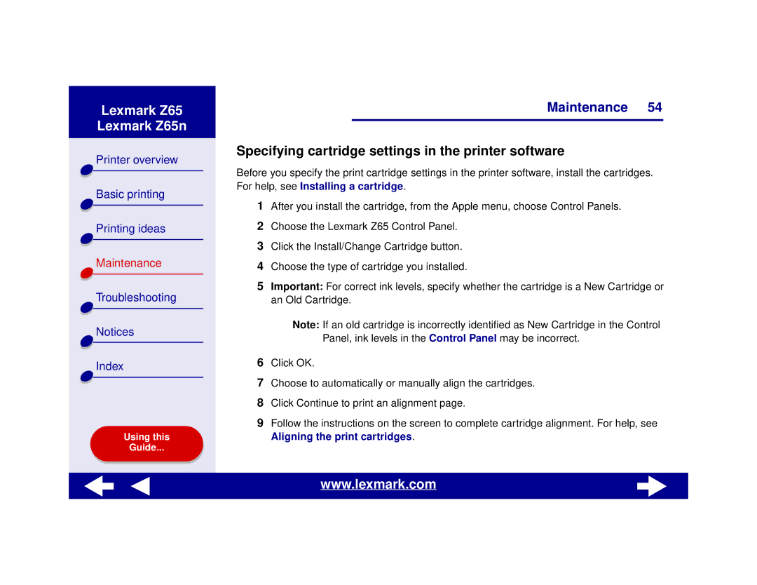 Lexmark Z65n manual Specifying cartridge settings in the printer software 