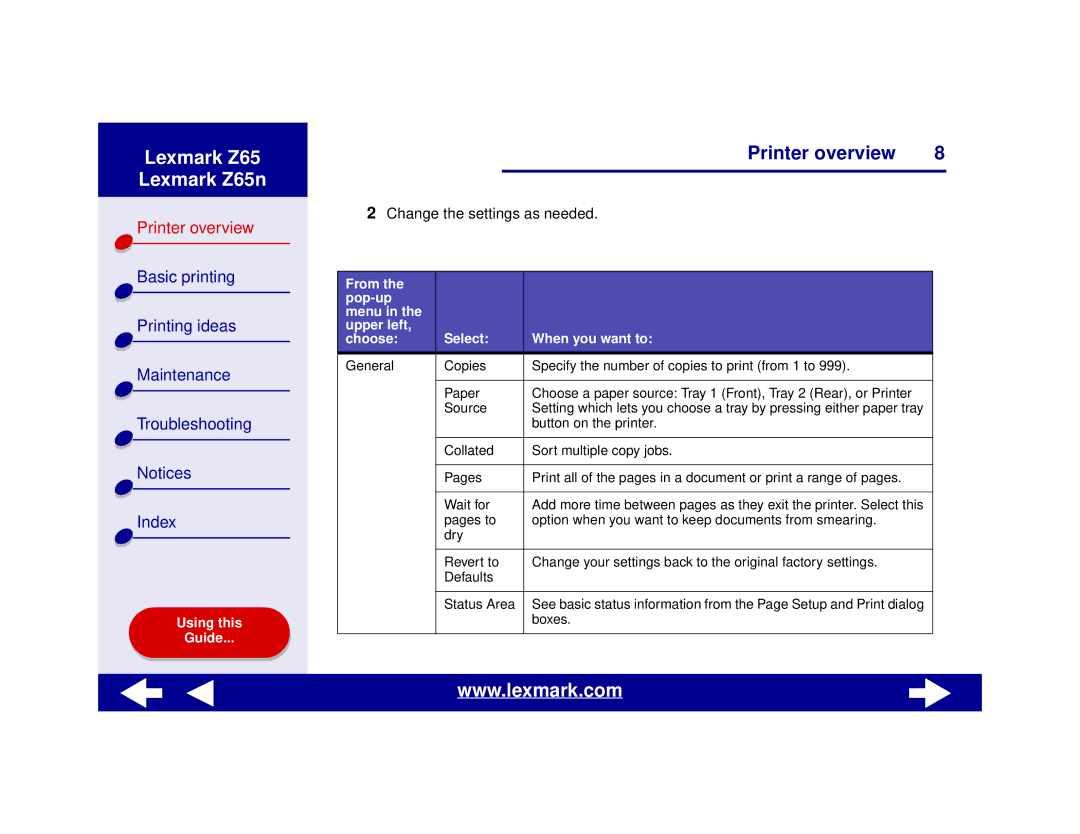 Lexmark Z65n manual From Pop-up Menu Upper left Choose Select When you want to 