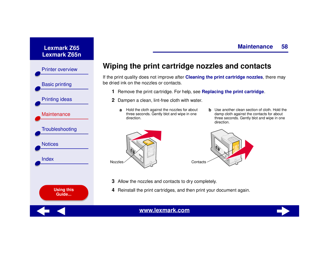 Lexmark Z65n manual Wiping the print cartridge nozzles and contacts 