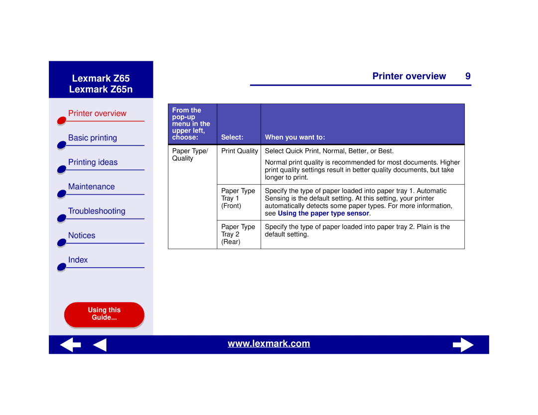 Lexmark Z65n manual See Using the paper type sensor 