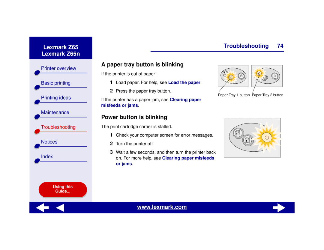 Lexmark Z65n manual Paper tray button is blinking, Power button is blinking 