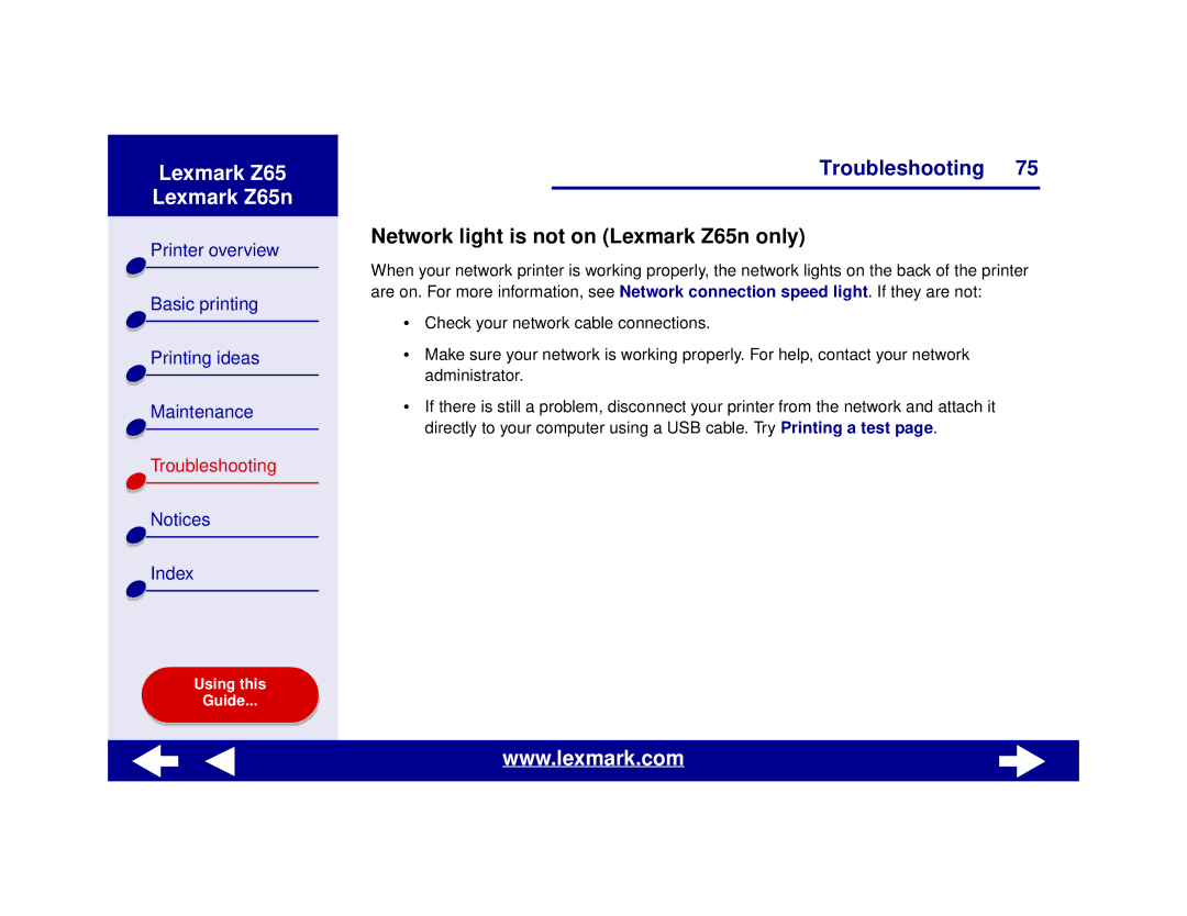 Lexmark manual Network light is not on Lexmark Z65n only 