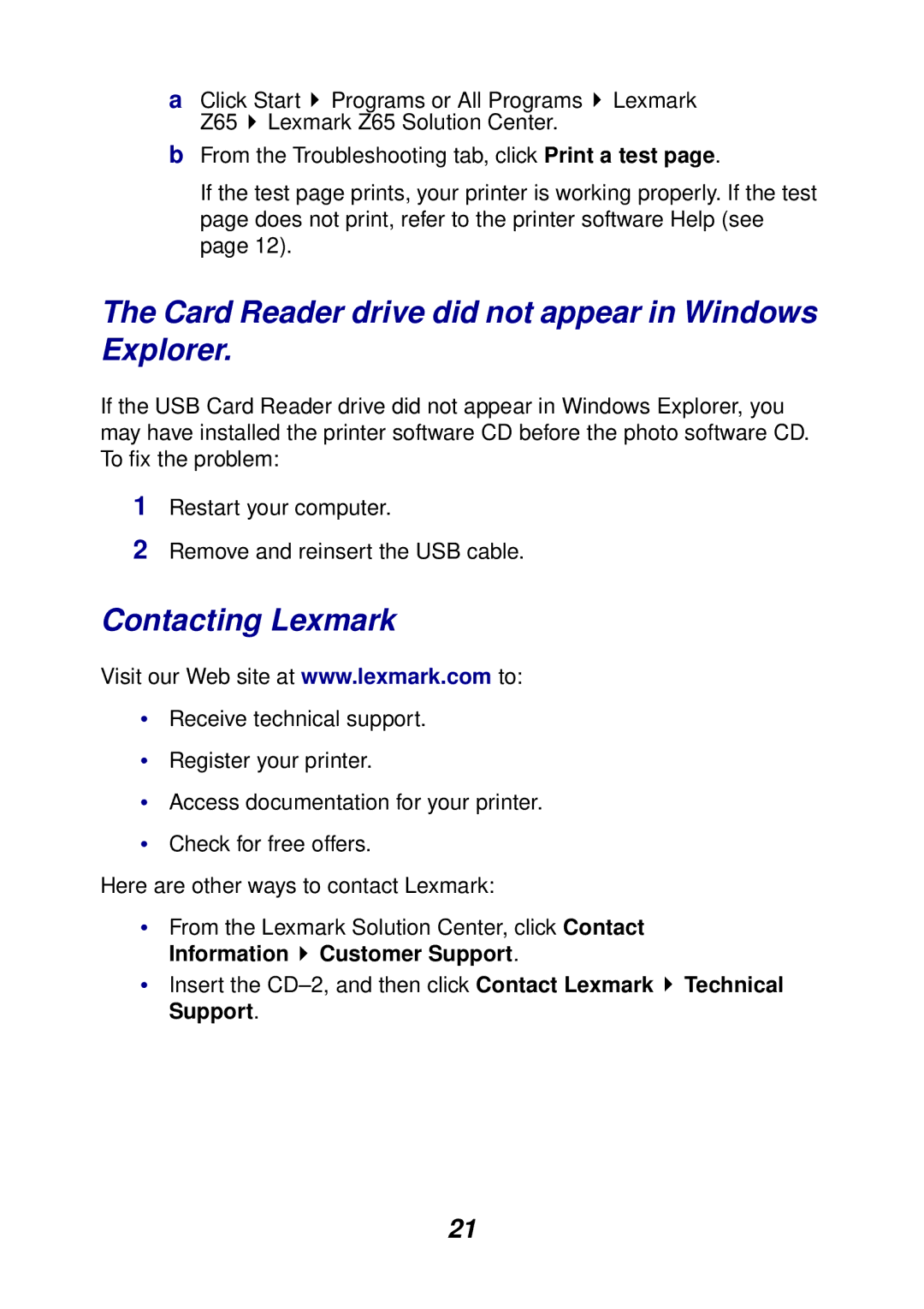 Lexmark Z65P setup guide Card Reader drive did not appear in Windows Explorer, Contacting Lexmark 