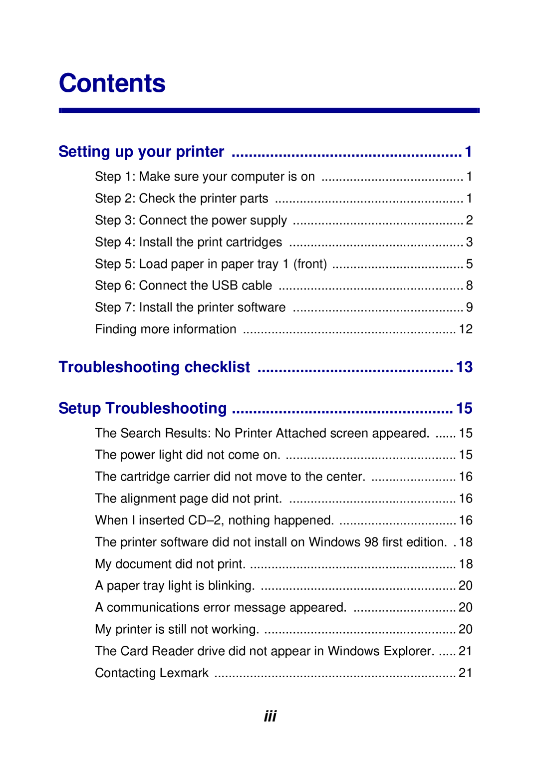 Lexmark Z65P setup guide Contents 