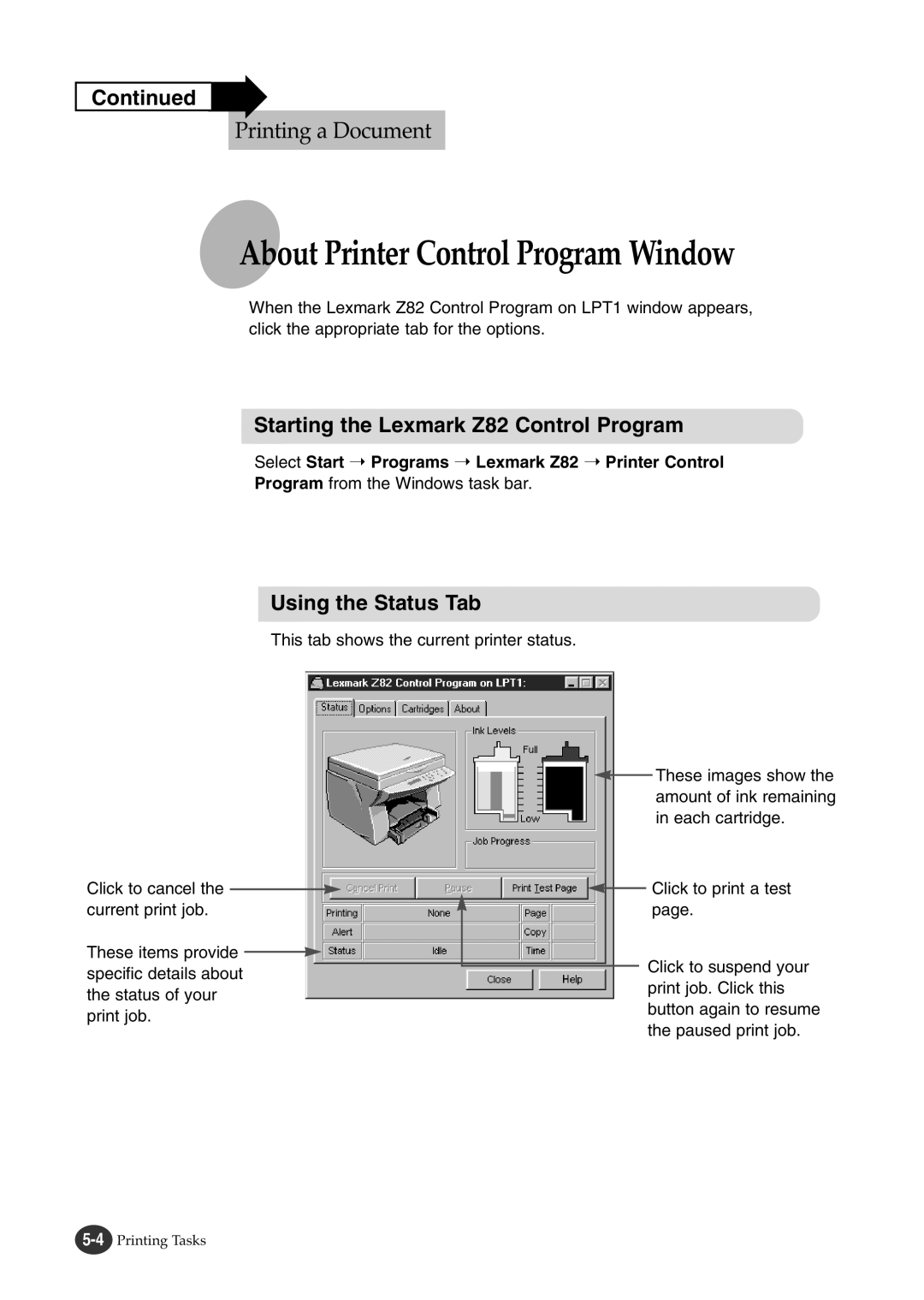 Lexmark manual Starting the Lexmark Z82 Control Program, Using the Status Tab 