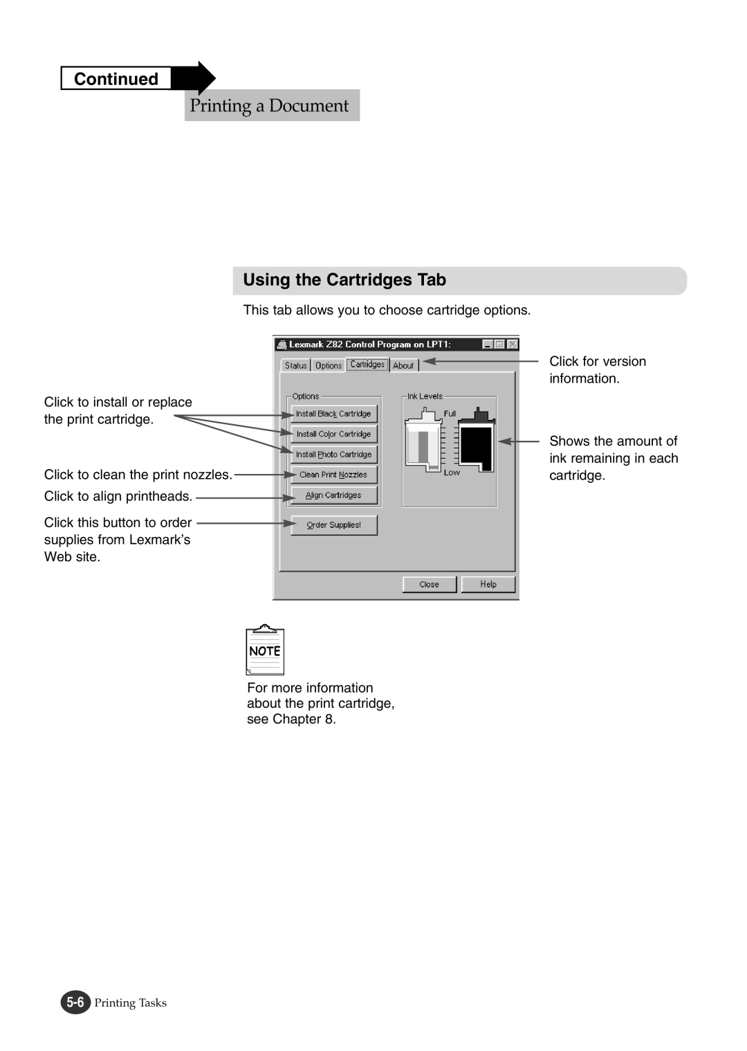 Lexmark Z82 manual Using the Cartridges Tab 