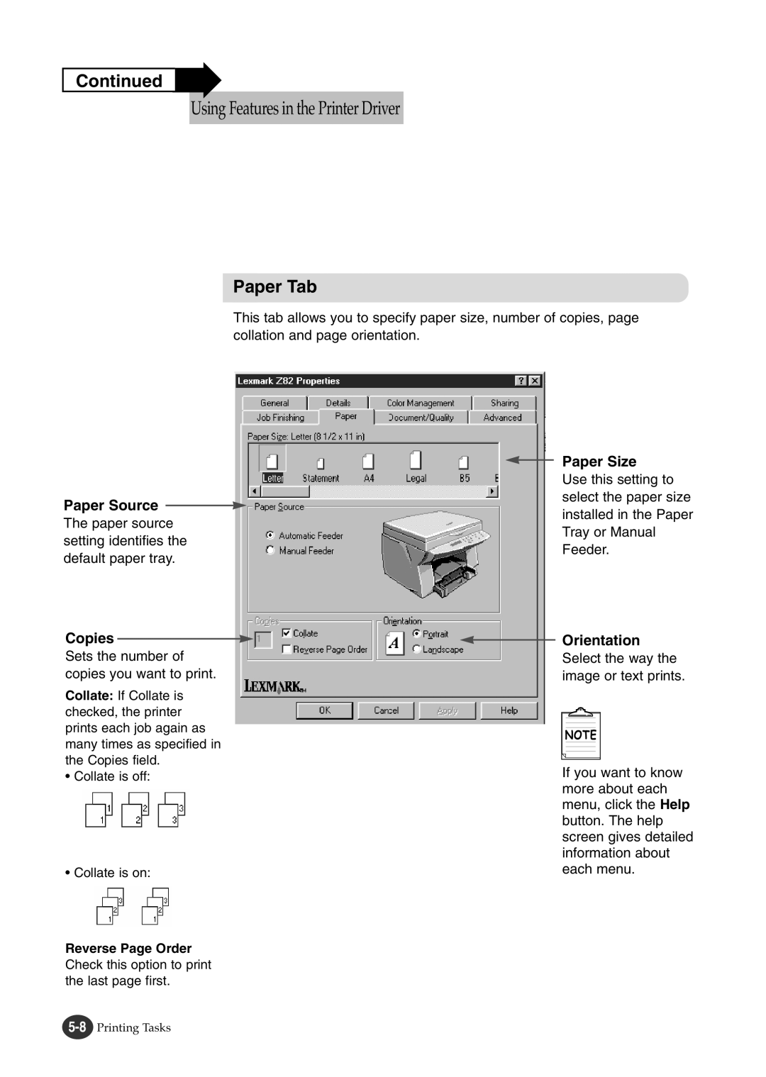 Lexmark Z82 manual Paper Tab, Paper Source, Copies, Paper Size, Orientation 