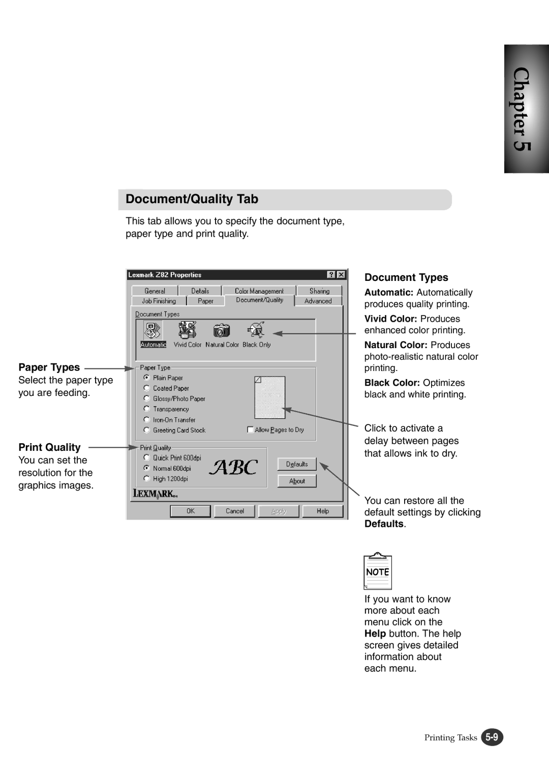 Lexmark Z82 manual Document/Quality Tab, Paper Types, Print Quality, Document Types 