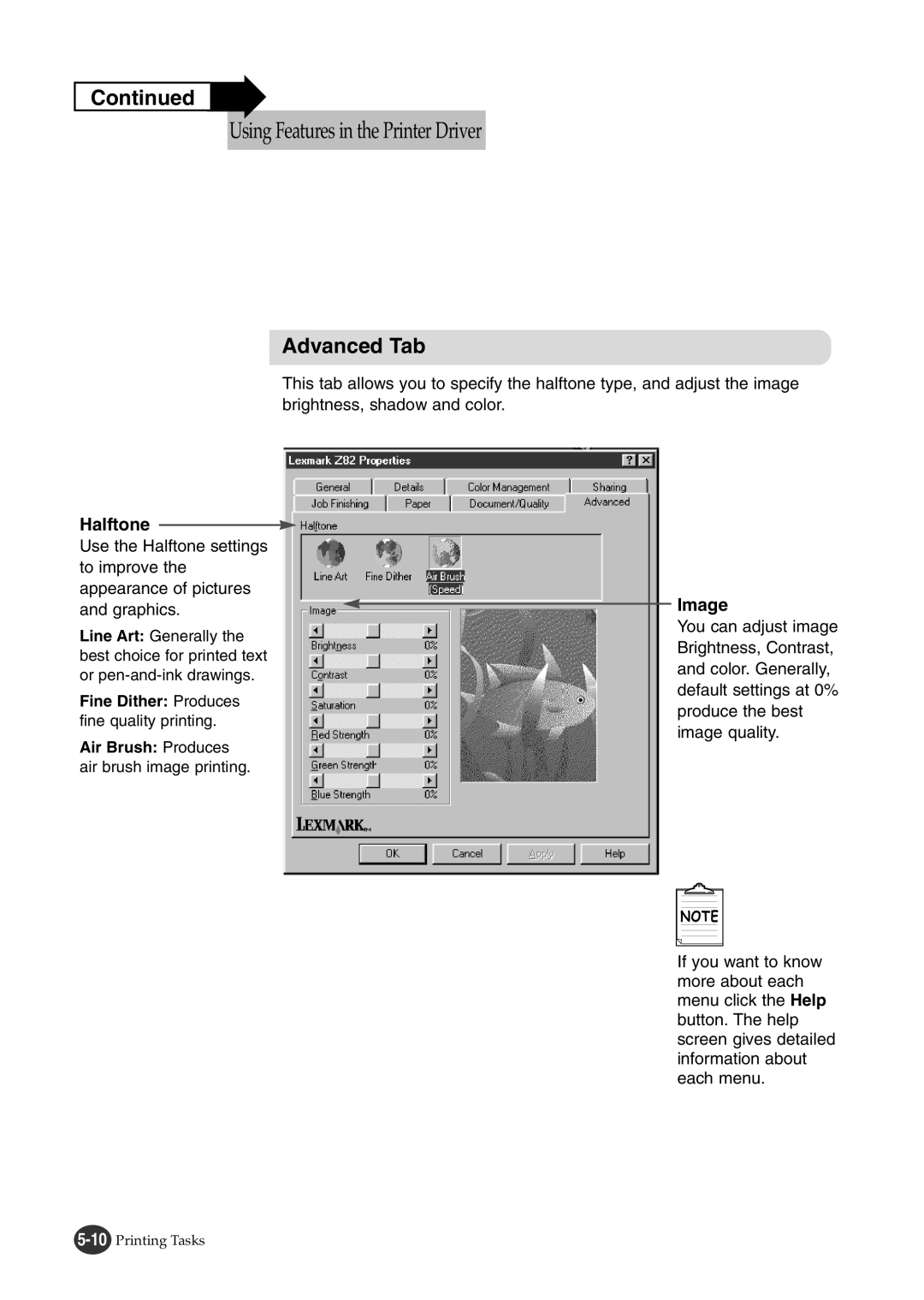 Lexmark Z82 manual Advanced Tab, Halftone, Image 