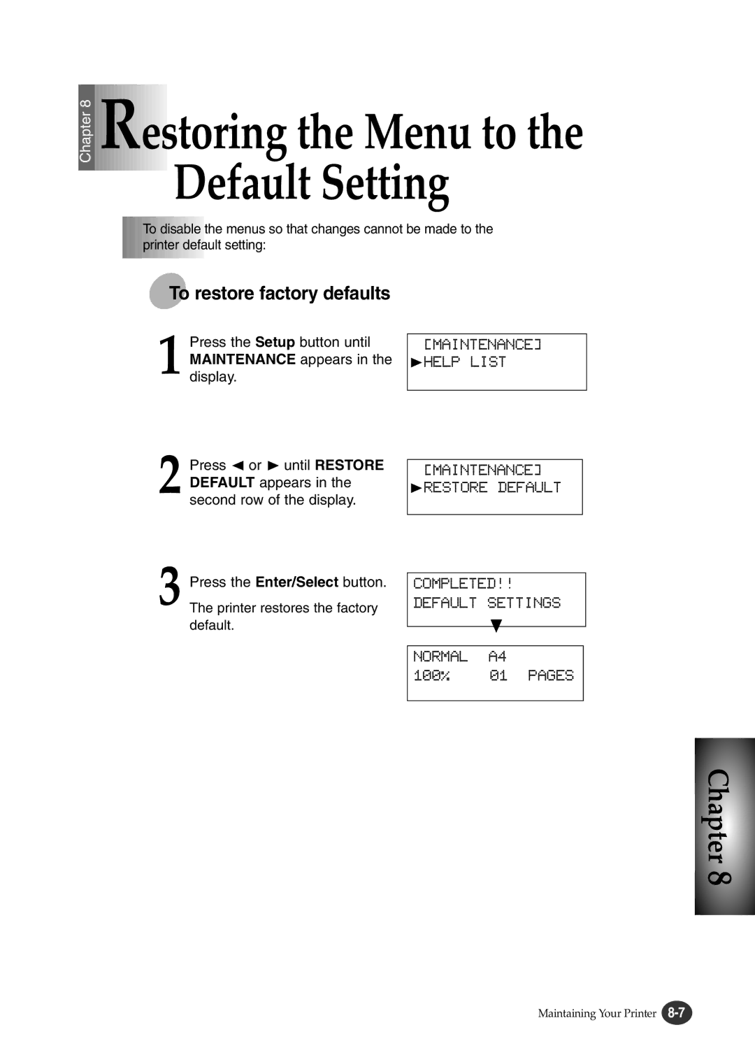 Lexmark Z82 manual Restoring the Menu to the Default Setting 