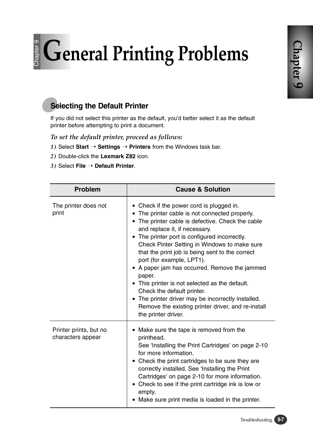 Lexmark Z82 manual General Printing Problems, Select File Default Printer 