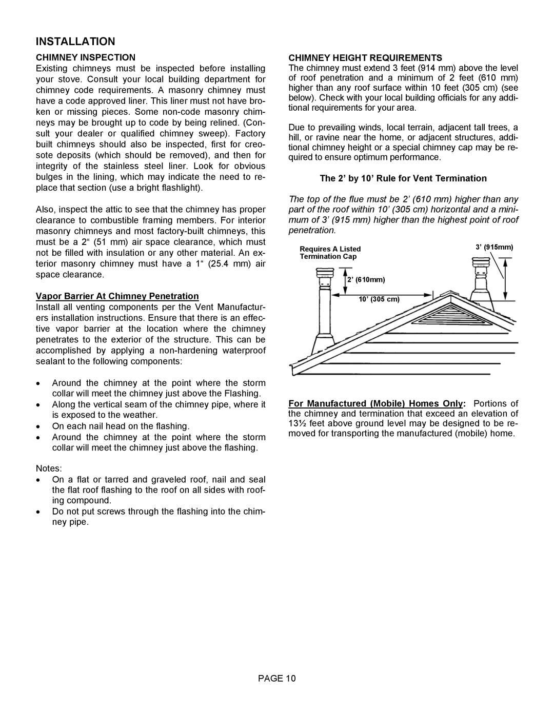 LG Electronics 1003C operation manual Chimney Inspection, Vapor Barrier At Chimney Penetration, Chimney Height Requirements 