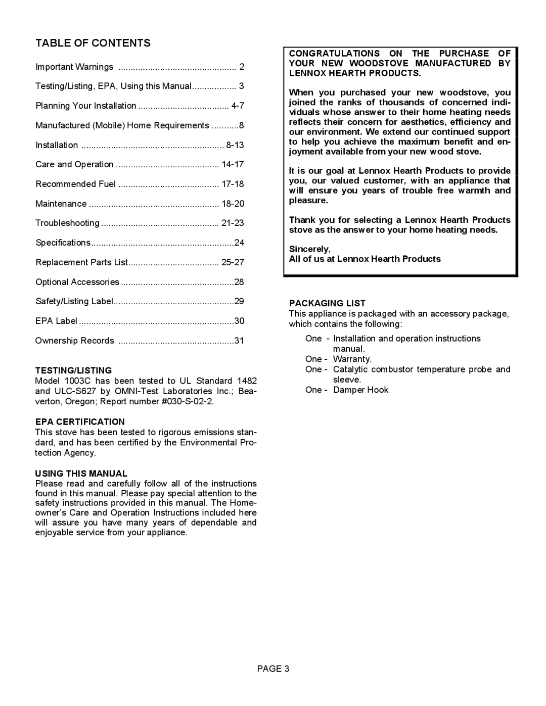 LG Electronics 1003C operation manual Table of Contents 