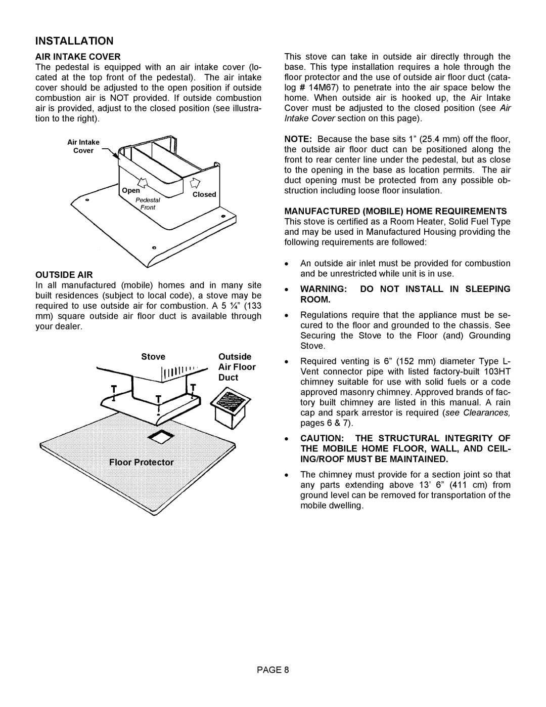 LG Electronics 1003C Installation, AIR Intake Cover, Outside AIR, Stove Outside Air Floor Duct Floor Protector 