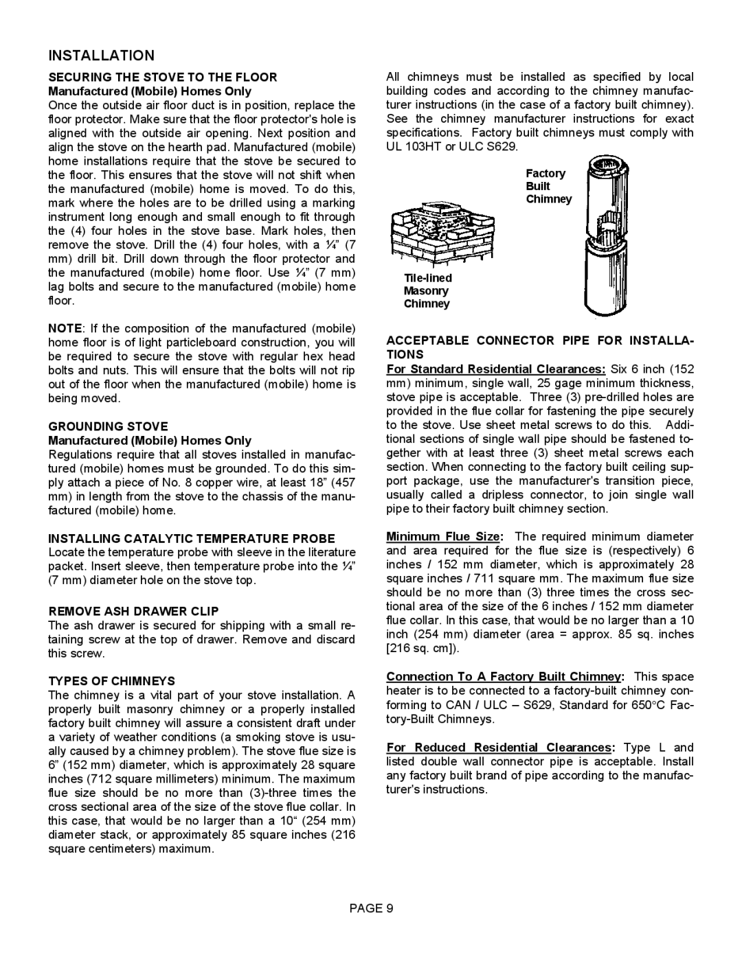 LG Electronics 1003C Securing the Stove to the Floor, Grounding Stove, Remove ASH Drawer Clip, Types of Chimneys 