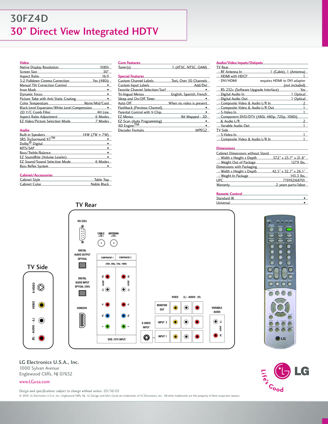 LG Electronics 1080i Video Core Features Audio/Video Inputs/Outputs, Special Features, Dimensions, Cabinet/Accessories 