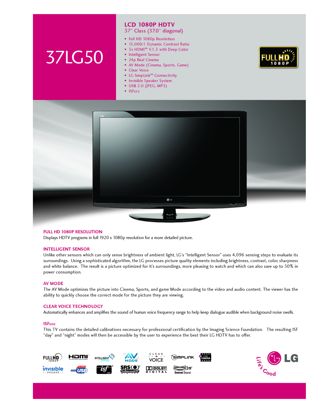 LG Electronics manual Full HD 1080P Resolution, Intelligent Sensor, AV Mode, Clear Voice Technology 