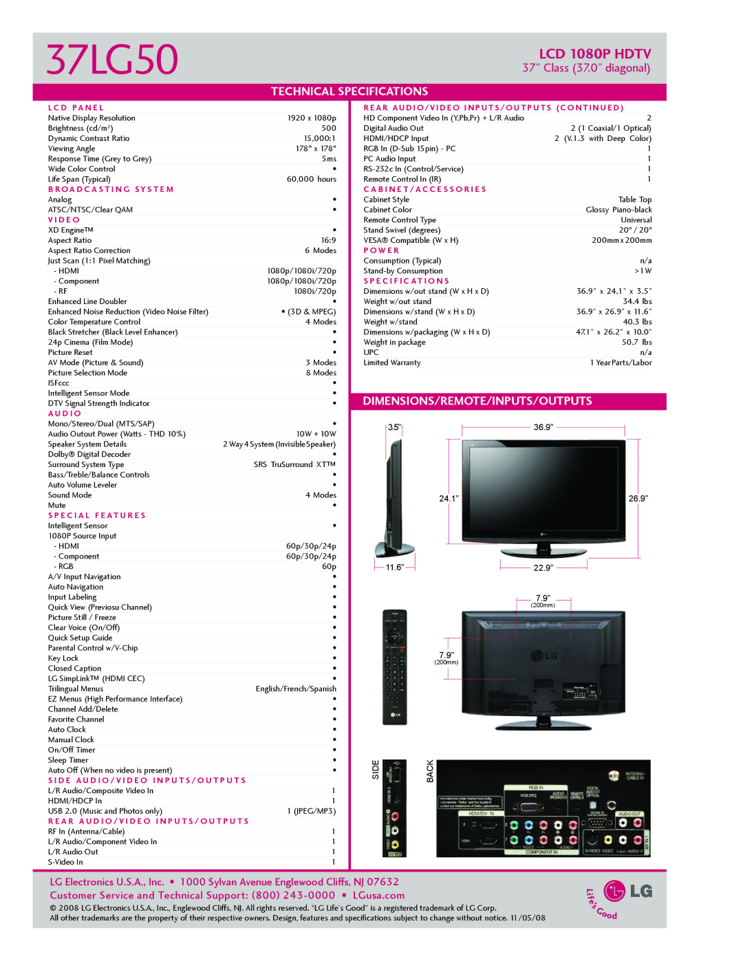 LG Electronics 1080P manual Technical Specifications, Dimensions/Remote/Inputs/Outputs 