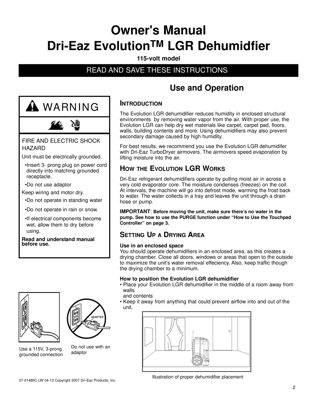 LG Electronics 115V owner manual Use and Operation, Introduction, HOW the Evolution LGR Works, Setting UP a Drying Area 