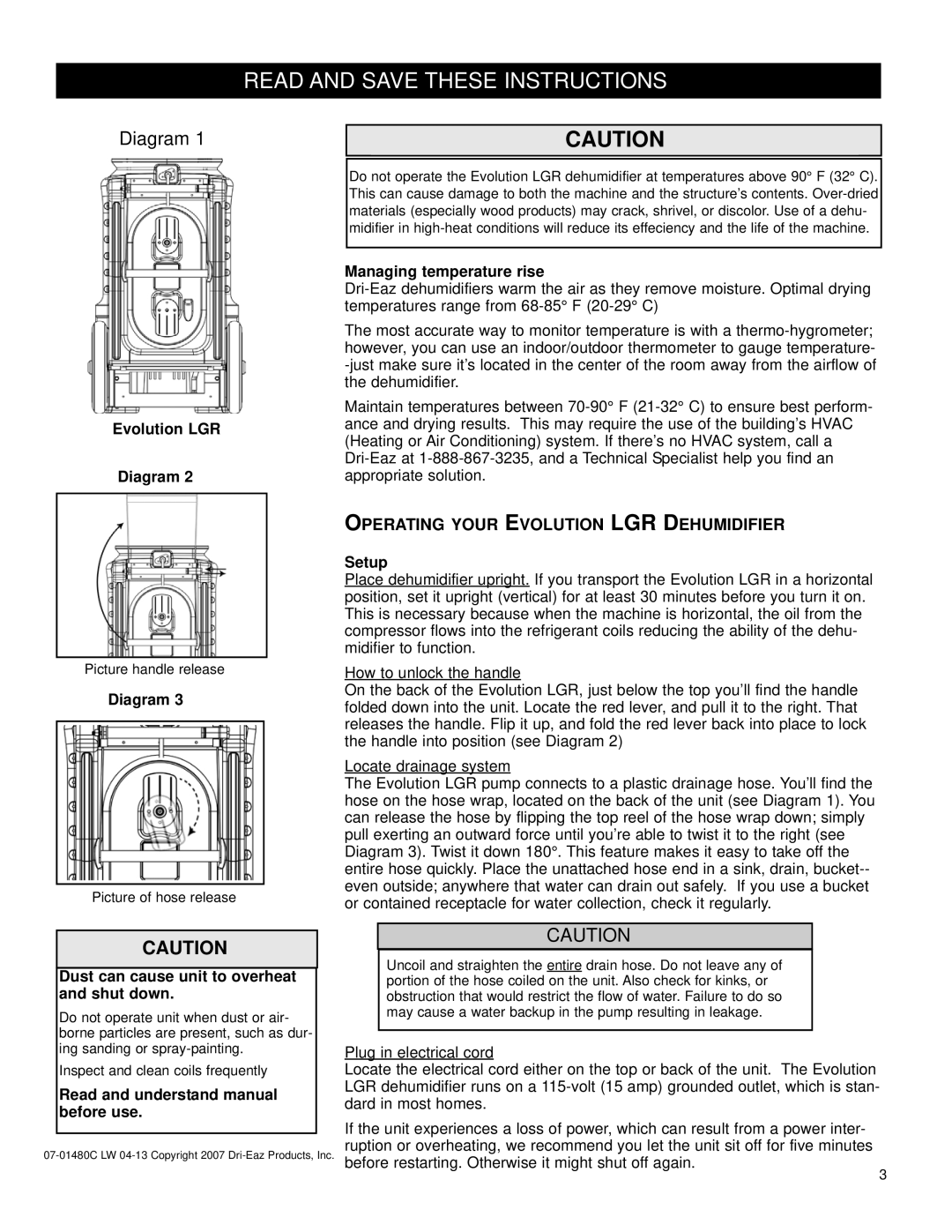 LG Electronics 115V owner manual Diagram, Operating Your Evolution LGR Dehumidifier 