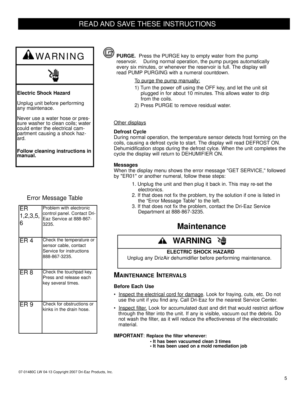 LG Electronics 115V owner manual Error Message Table, 3,5, Maintenance Intervals 