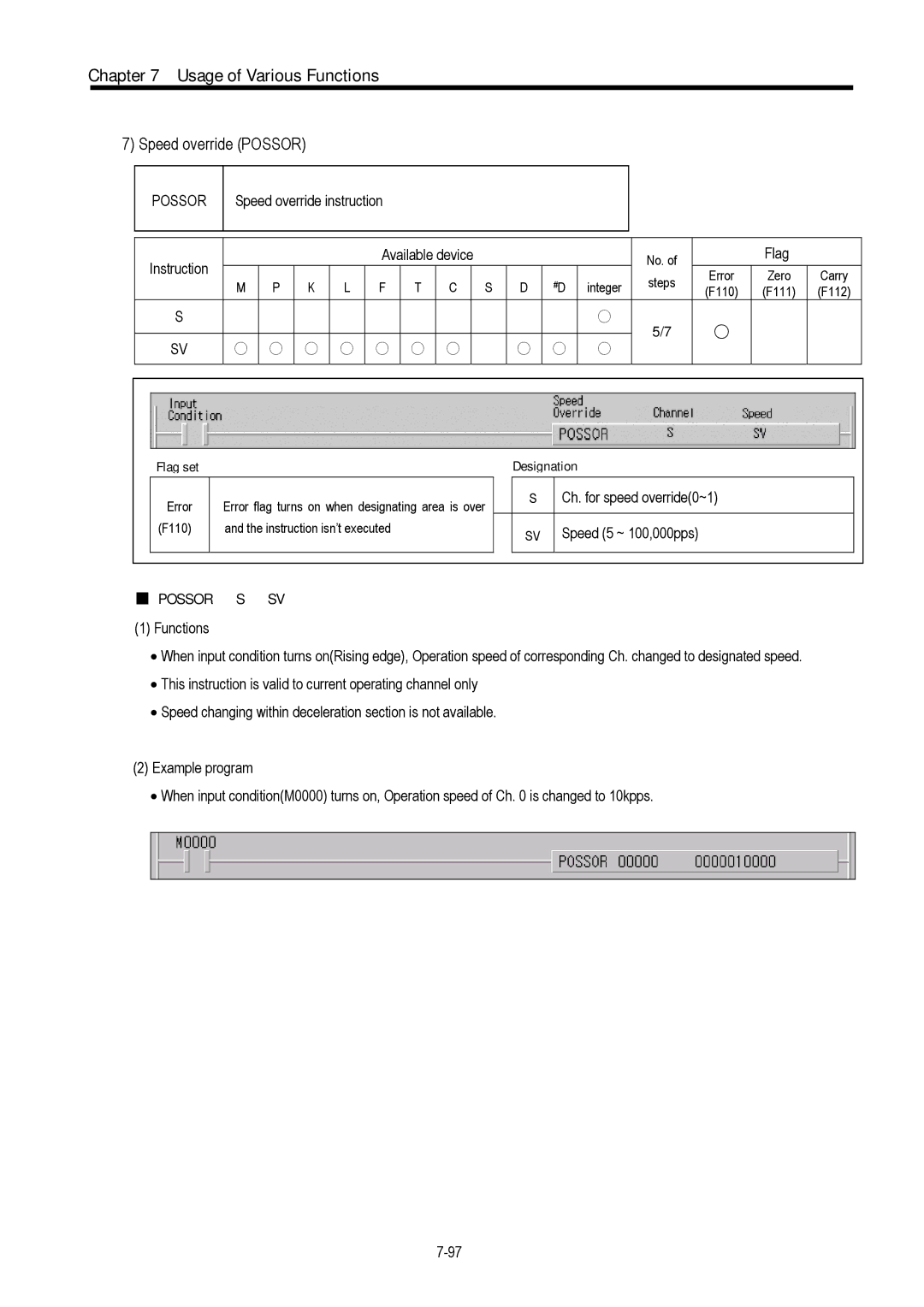 LG Electronics 120S user manual Speed override Possor, Speed override instruction Instruction Available device 