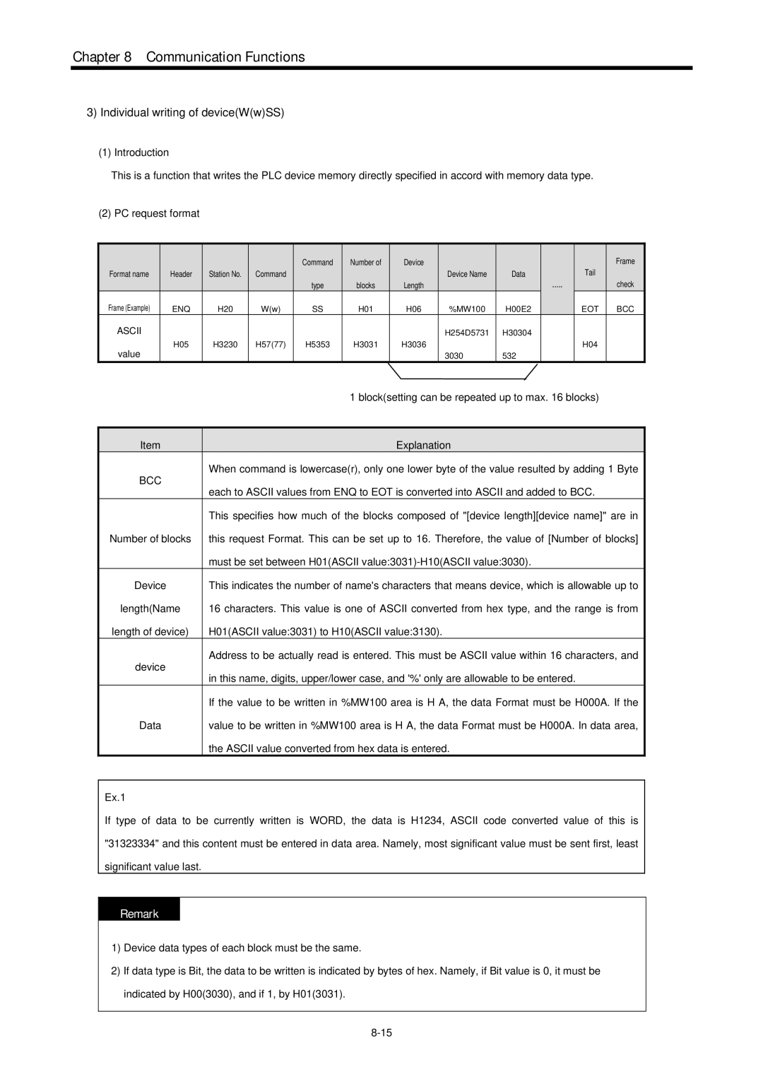 LG Electronics 120S user manual Individual writing of deviceWwSS, Blocksetting can be repeated up to max blocks Explanation 