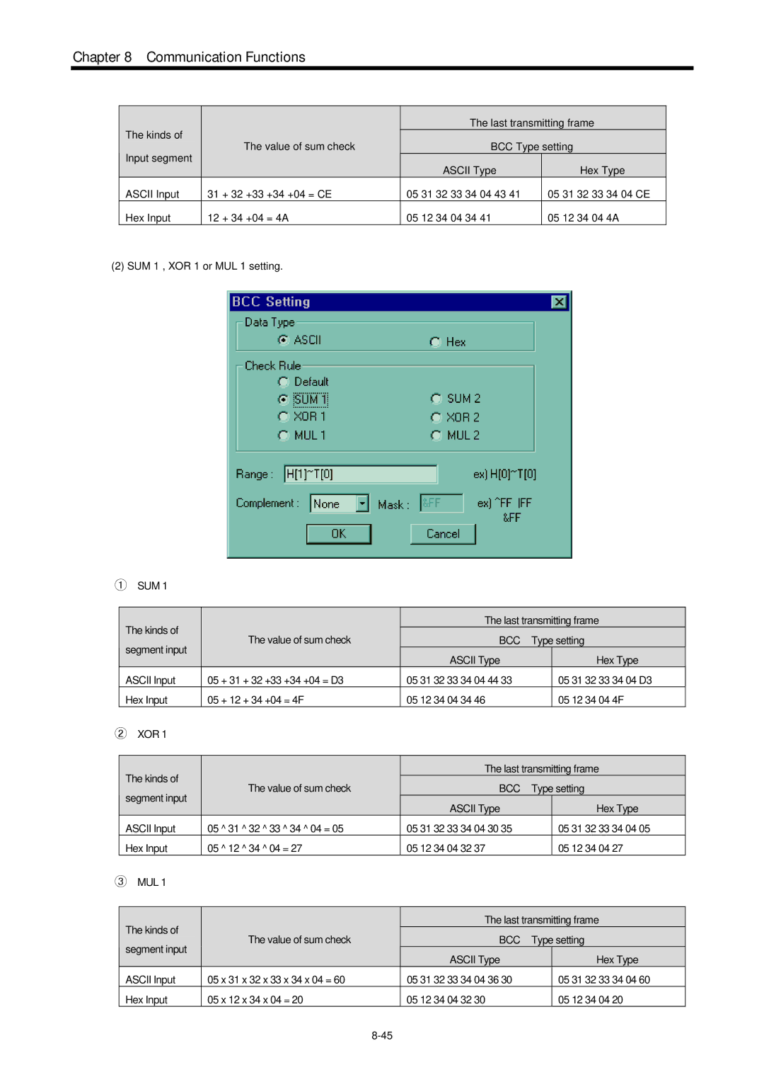 LG Electronics 120S user manual Kinds Value of sum check Last transmitting frame, Type setting, 05 12 34 04 32 