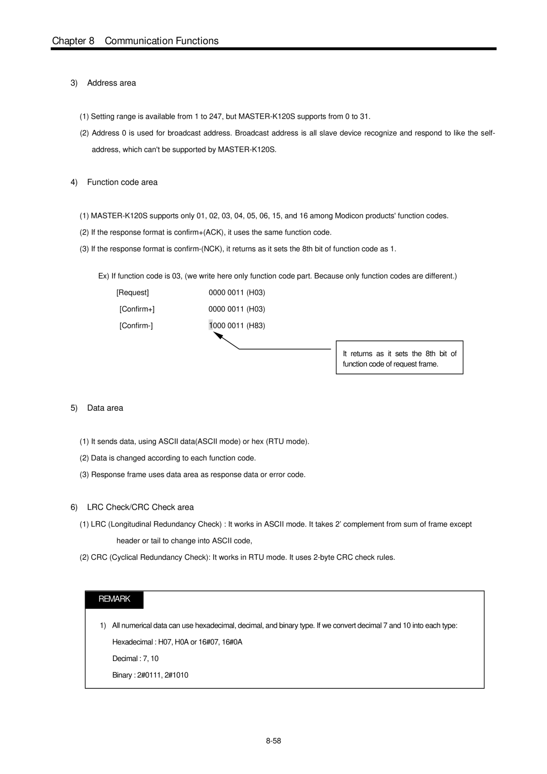 LG Electronics 120S user manual Address area, Function code area, Data area, LRC Check/CRC Check area 