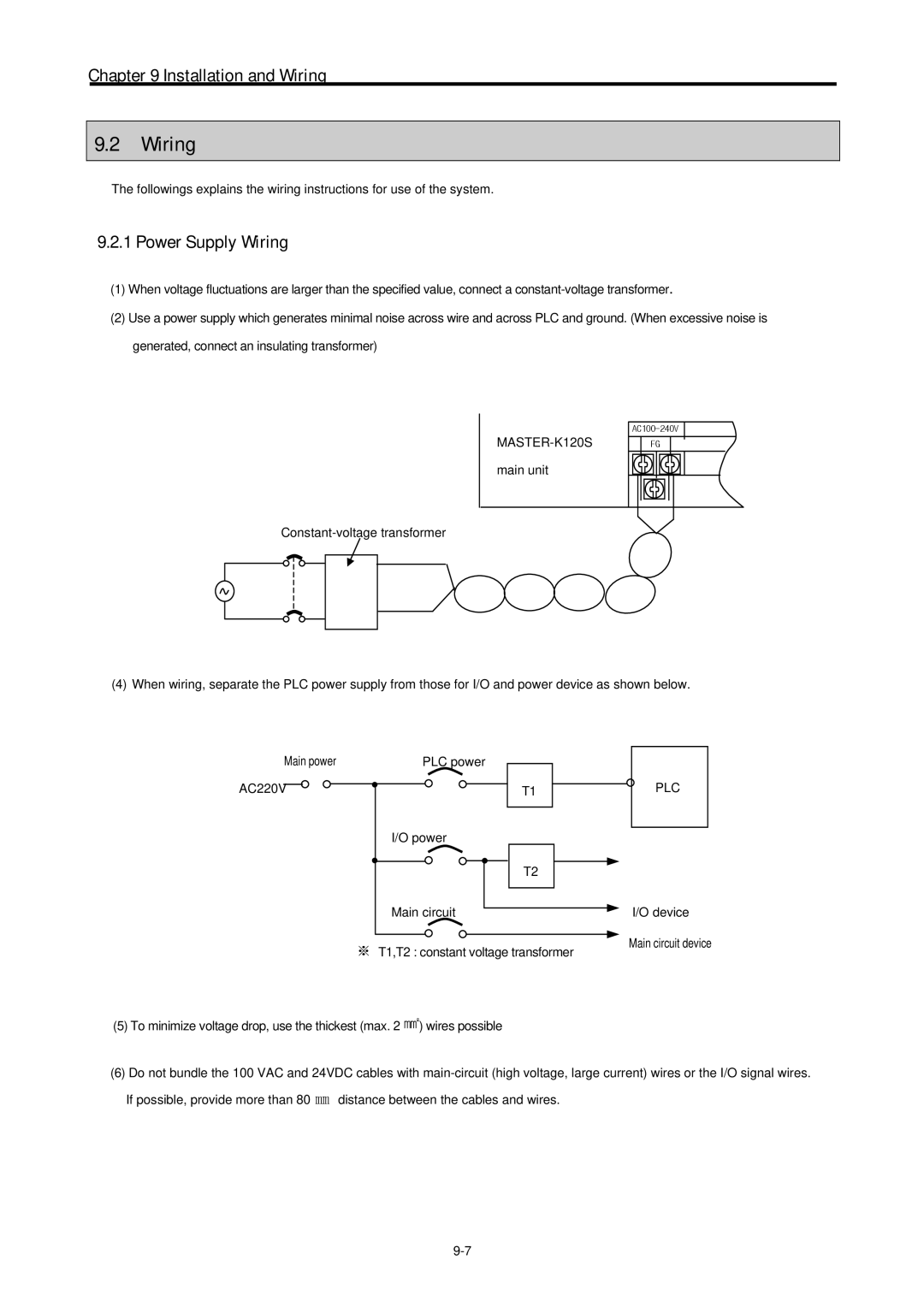 LG Electronics 120S user manual Power Supply Wiring, Power Main circuit Device, ※ T1,T2 constant voltage transformer 