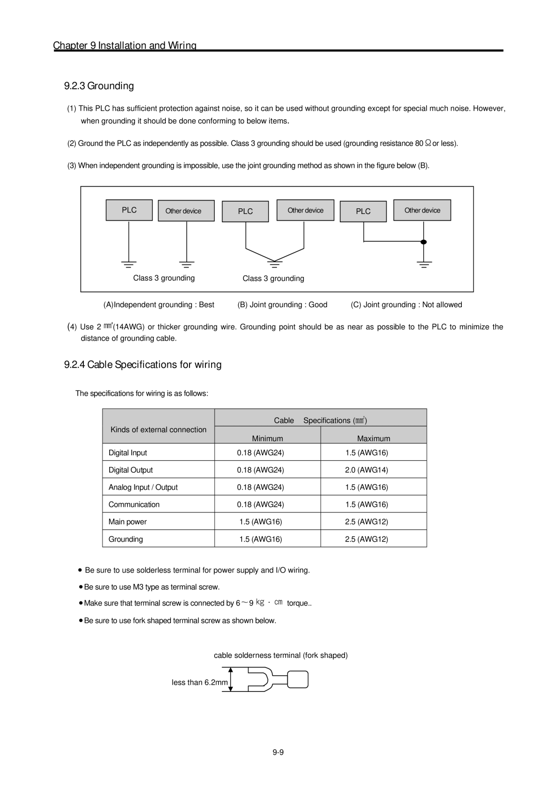 LG Electronics 120S user manual Installation and Wiring Grounding, Cable Specifications for wiring 